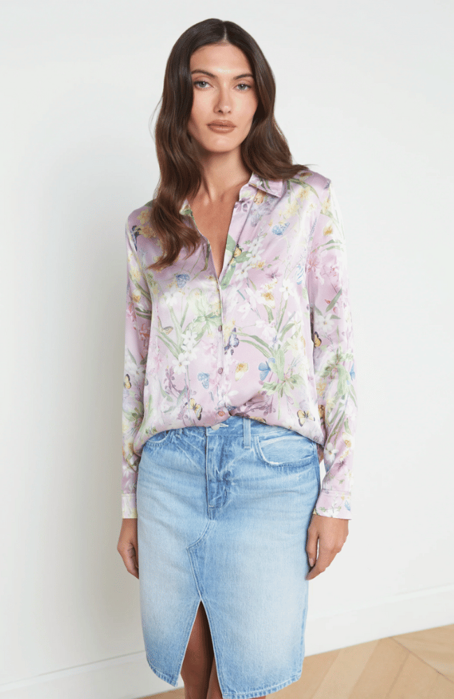 TYLER SILK BLOUSE in LILAC SNOW BOTANICAL BUTTERFLY-L&#39; AGENCE-FLOW by nicole