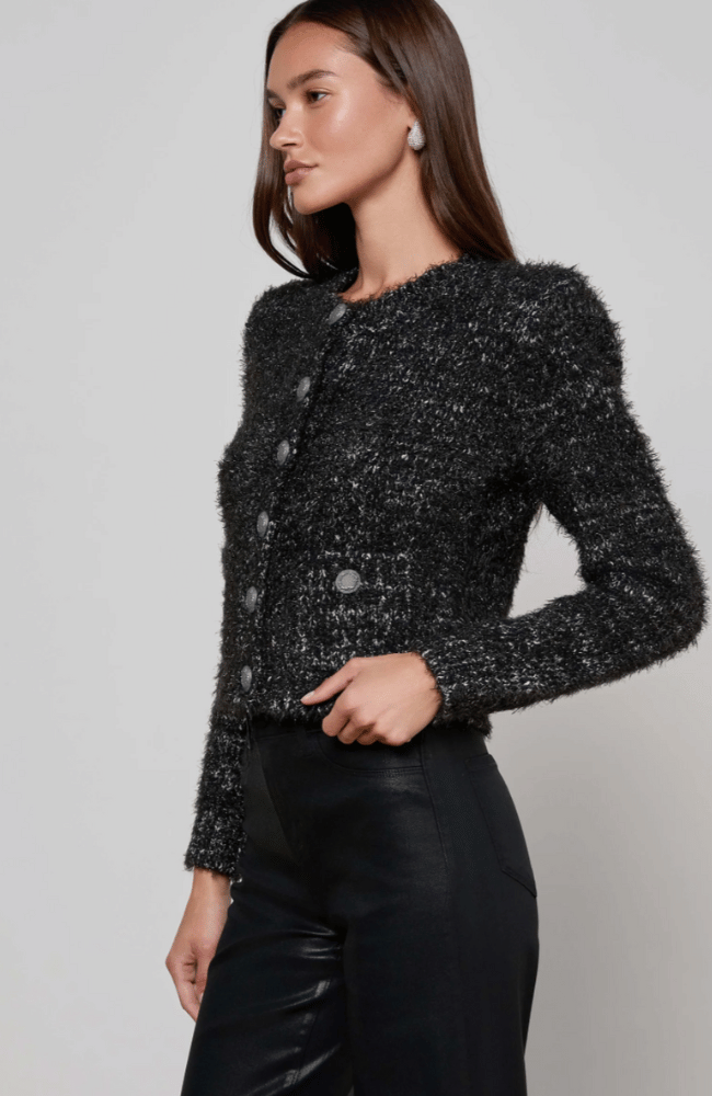 UNA KNIT CARDIGAN in BLACK/GUNMETAL LUREX-L'AGENCE-FLOW by nicole