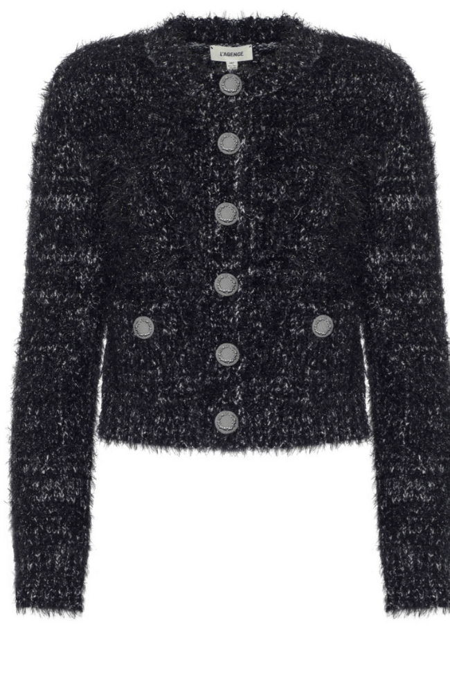 UNA KNIT CARDIGAN in BLACK/GUNMETAL LUREX-L&#39;AGENCE-FLOW by nicole