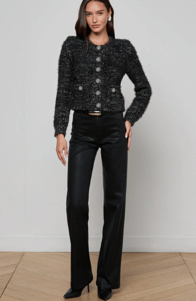 UNA KNIT CARDIGAN in BLACK/GUNMETAL LUREX-L&#39;AGENCE-FLOW by nicole
