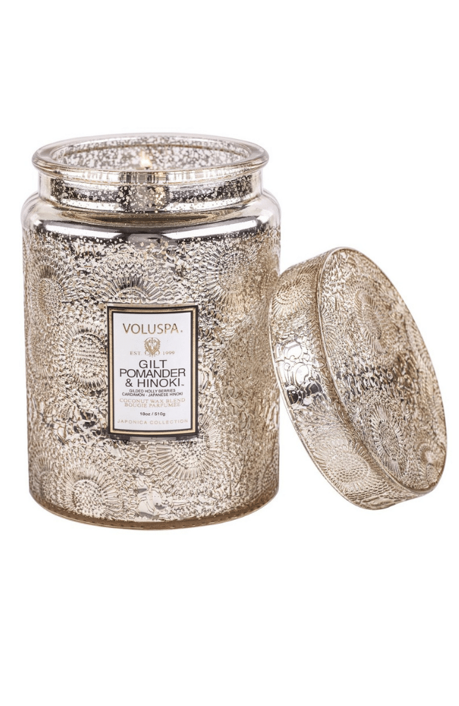 GILT HINOKI & POMANDER | LARGE JAR CANDLE-VOLUSPA-FLOW BY NICOLE CANADA