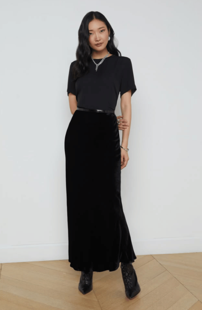 ZETA VELVET MAXI SKIRT in BLACK-L'AGENCE-FLOW by nicole
