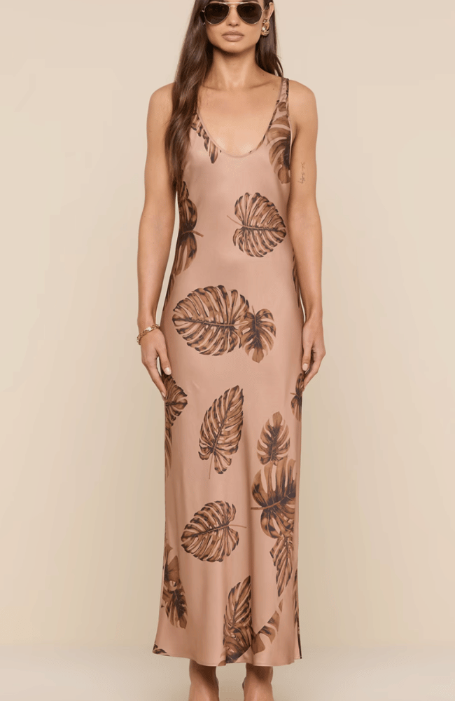 AKIYA SATIN MAXI DRESS in HAZELNUT MULTI LARGE PALM-L'AGENCE-FLOW BY NICOLE CANADA