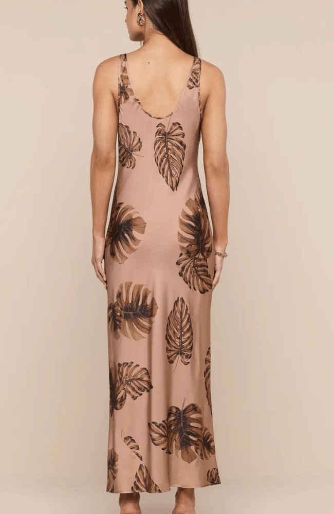AKIYA SATIN MAXI DRESS in HAZELNUT MULTI LARGE PALM-L'AGENCE-FLOW BY NICOLE CANADA