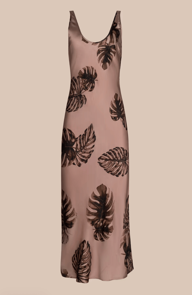 AKIYA SATIN MAXI DRESS in HAZELNUT MULTI LARGE PALM-L'AGENCE-FLOW BY NICOLE CANADA