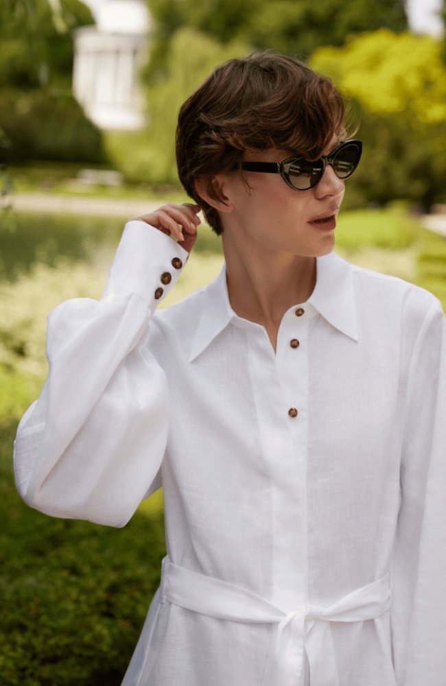 ALICIA DRESS in WHITE LINEN-EMANOU-FLOW BY NICOLE CANADA