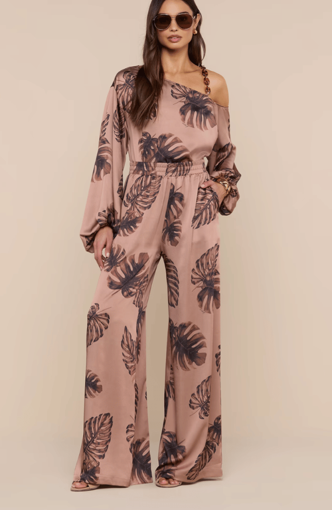 ASAMI CHAIN ONE SHOULDER BLOUSE in HAZELNUT PALM-L'AGENCE-FLOW BY NICOLE CANADA