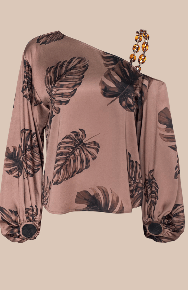 ASAMI CHAIN ONE SHOULDER BLOUSE in HAZELNUT PALM-L'AGENCE-FLOW BY NICOLE CANADA