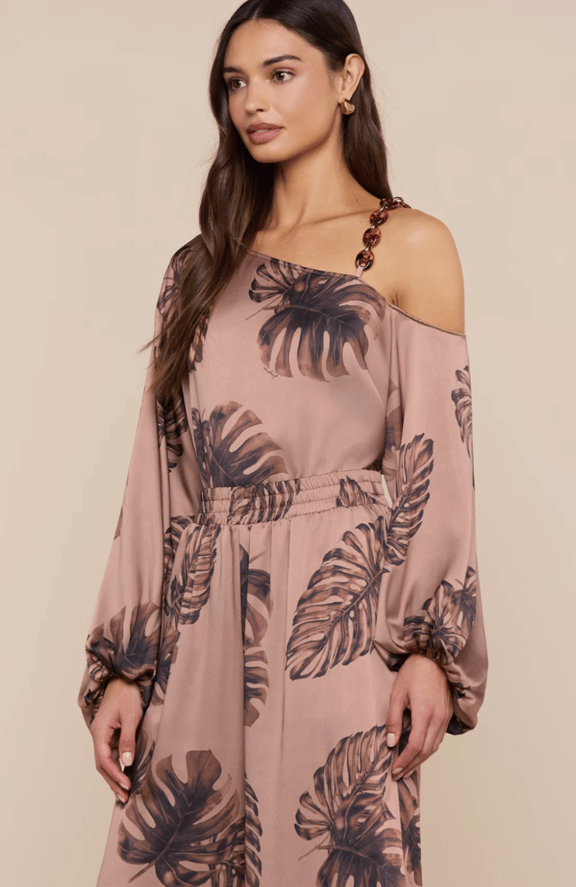 ASAMI CHAIN ONE SHOULDER BLOUSE in HAZELNUT PALM-L'AGENCE-FLOW BY NICOLE CANADA