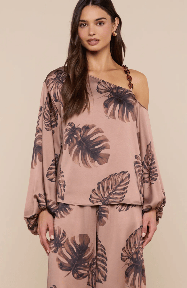 ASAMI CHAIN ONE SHOULDER BLOUSE in HAZELNUT PALM-L'AGENCE-FLOW BY NICOLE CANADA