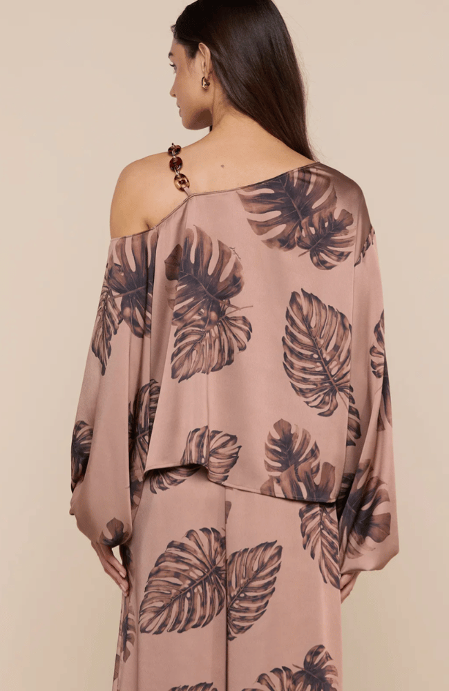 ASAMI CHAIN ONE SHOULDER BLOUSE in HAZELNUT PALM-L'AGENCE-FLOW BY NICOLE CANADA