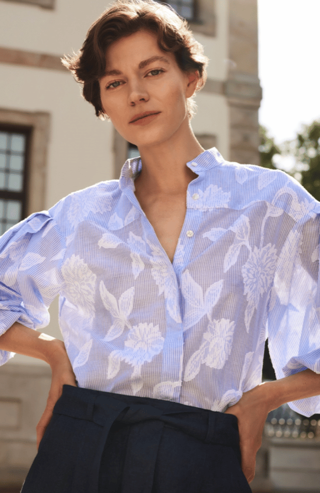 AURORE BLOUSE in WHITE BLUE-EMANOU-FLOW BY NICOLE CANADA