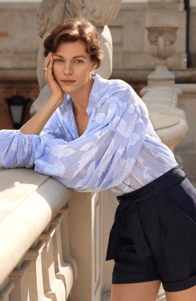 AURORE BLOUSE in WHITE BLUE-EMANOU-FLOW BY NICOLE CANADA