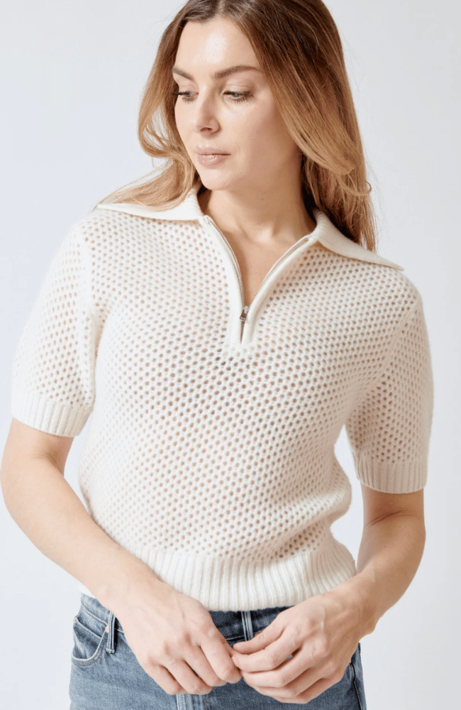 CASHMERE MESH POLO in SOFT WHITE-WHITE and WARREN-FLOW BY NICOLE CANADA