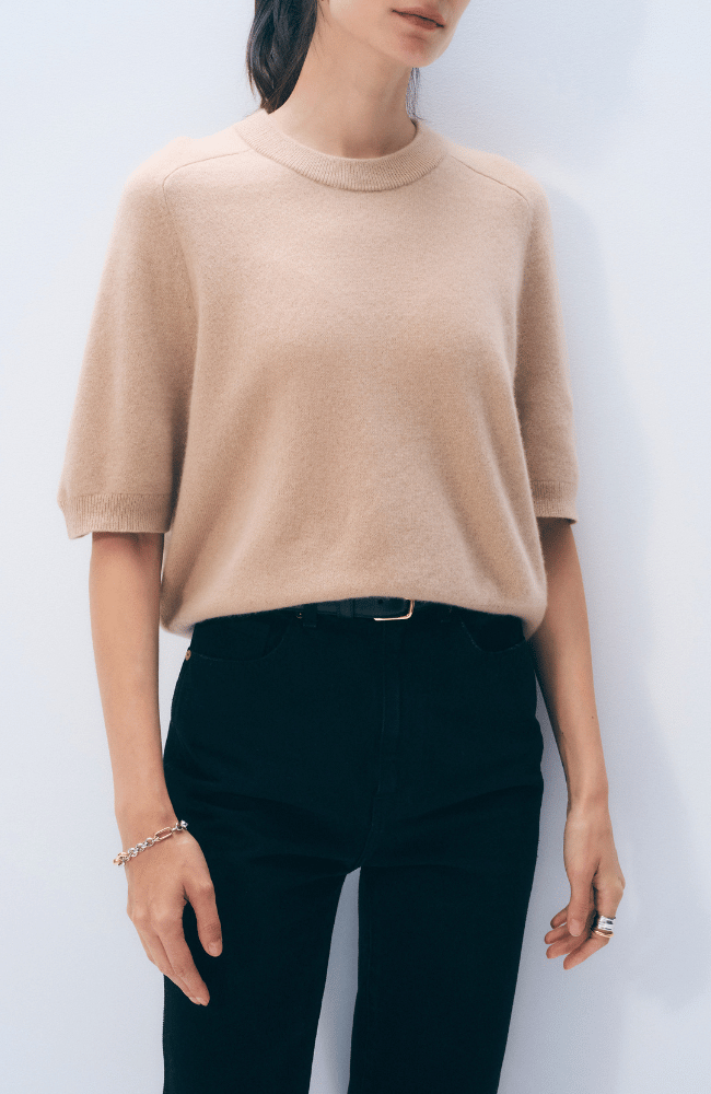 CASHMERE RELAXED T-SHIRT in MUTED CAMEL-WHITE and WARREN-FLOW BY NICOLE CANADA