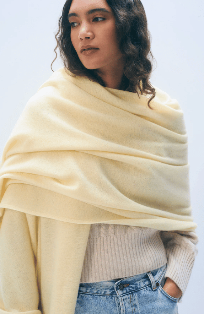 CASHMERE TRAVEL WRAP LEMONADE-WHITE and WARREN-FLOW BY NICOLE CANADA
