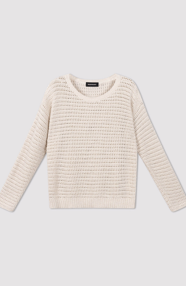 COTTON POINTELLE BOAT NECK SWEATER in NATURAL-REPEAT-FLOW BY NICOLE CANADA