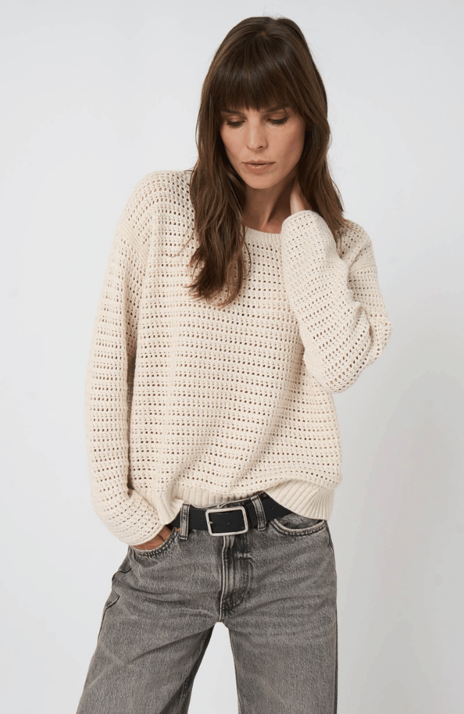 COTTON POINTELLE BOAT NECK SWEATER in NATURAL-REPEAT-FLOW BY NICOLE CANADA