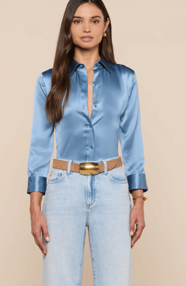 DANI SILK BLOUSE in BLUE MIST-L'AGENCE-FLOW BY NICOLE CANADA