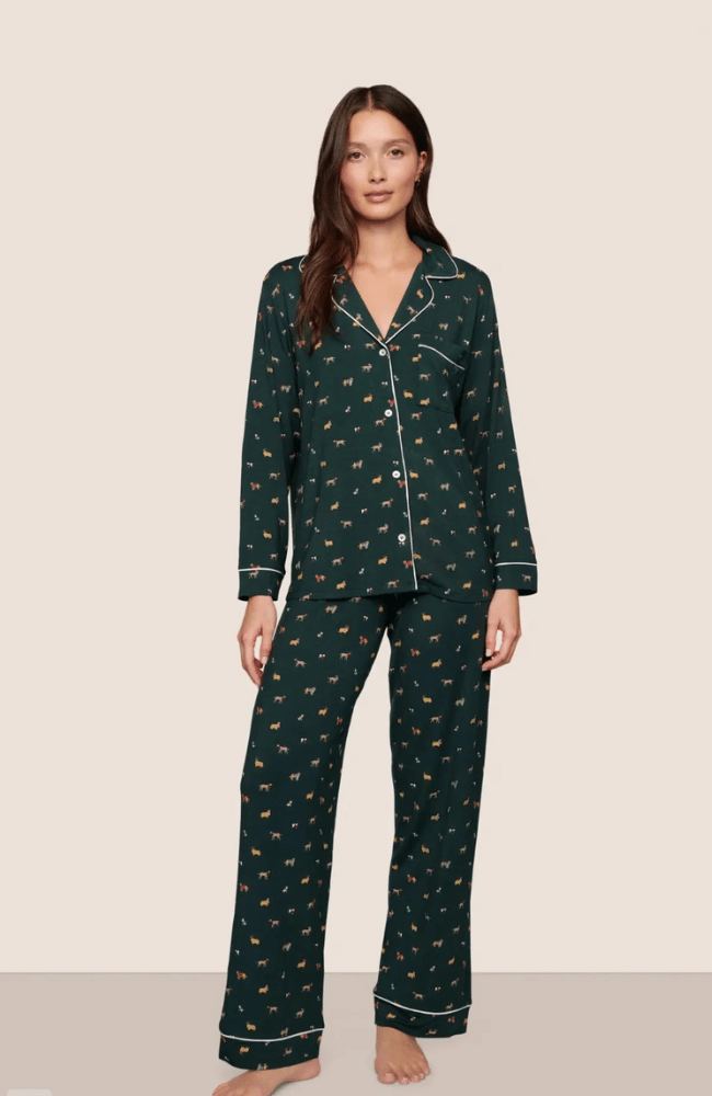 GISELE PRINTED LONG PJ SET in HOLIDAY DOGS PINE/IVORY-EBERJEY-FLOW BY NICOLE CANADA