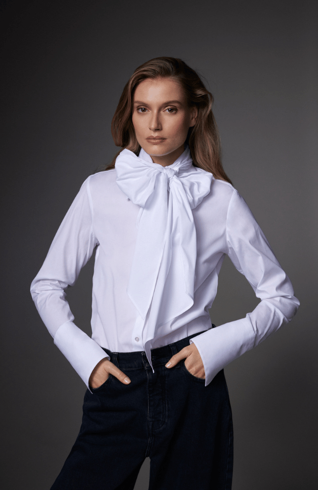 NEW VOYAGE BOW BLOUSE in WHITE-EMANOU-FLOW BY NICOLE CANADA