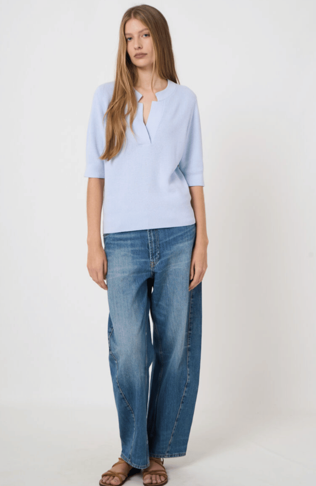 FINE RIB KNIT COTTON CASHMERE SWEATER in OCEAN-REPEAT-FLOW BY NICOLE CANADA