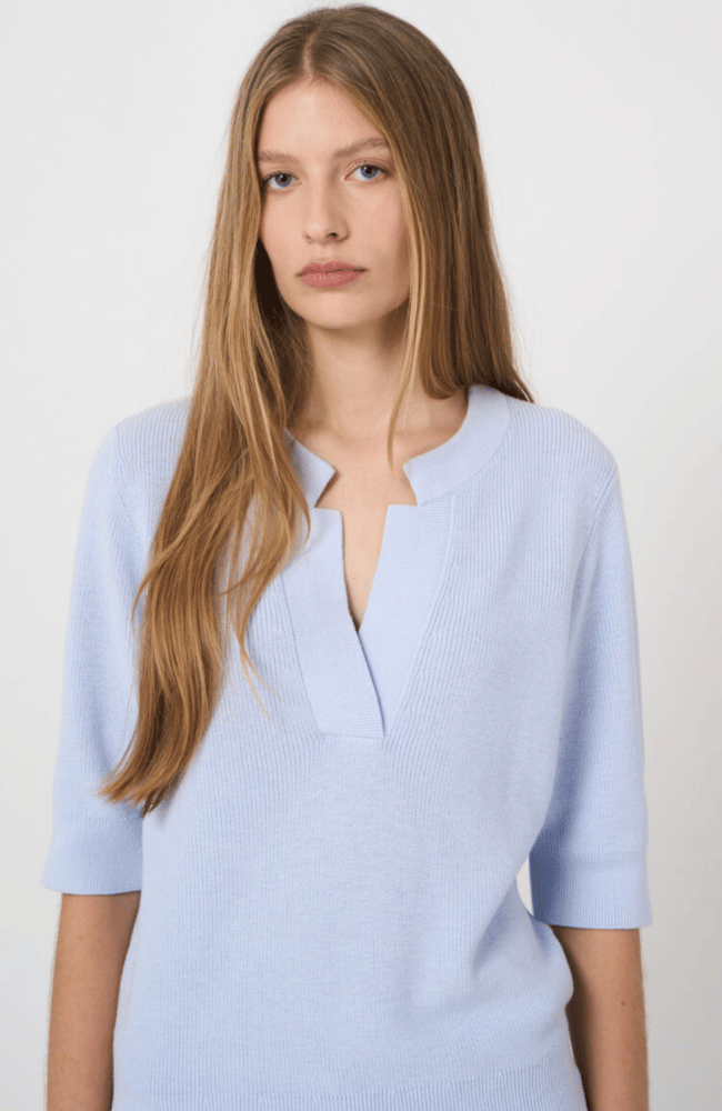 FINE RIB KNIT COTTON CASHMERE SWEATER in OCEAN-REPEAT-FLOW BY NICOLE CANADA