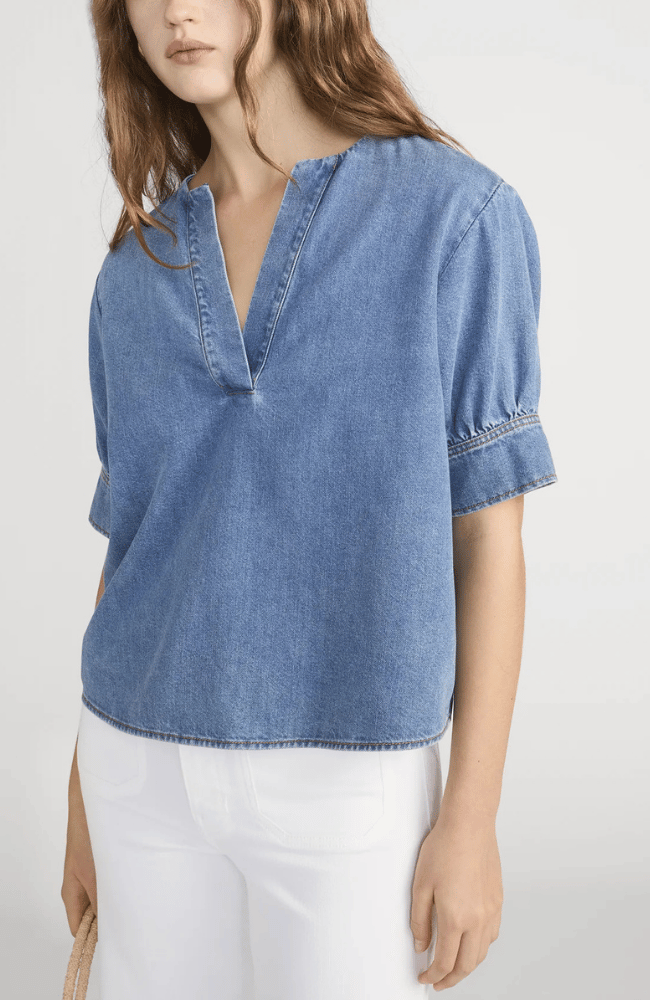 THE DENIM VNECK POPOVER TOP in SORA-FRAME-FLOW BY NICOLE CANADA