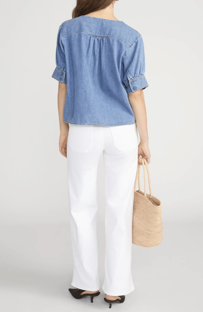 THE DENIM VNECK POPOVER TOP in SORA-FRAME-FLOW BY NICOLE CANADA
