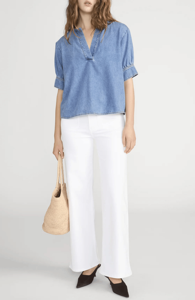THE DENIM VNECK POPOVER TOP in SORA-FRAME-FLOW BY NICOLE CANADA