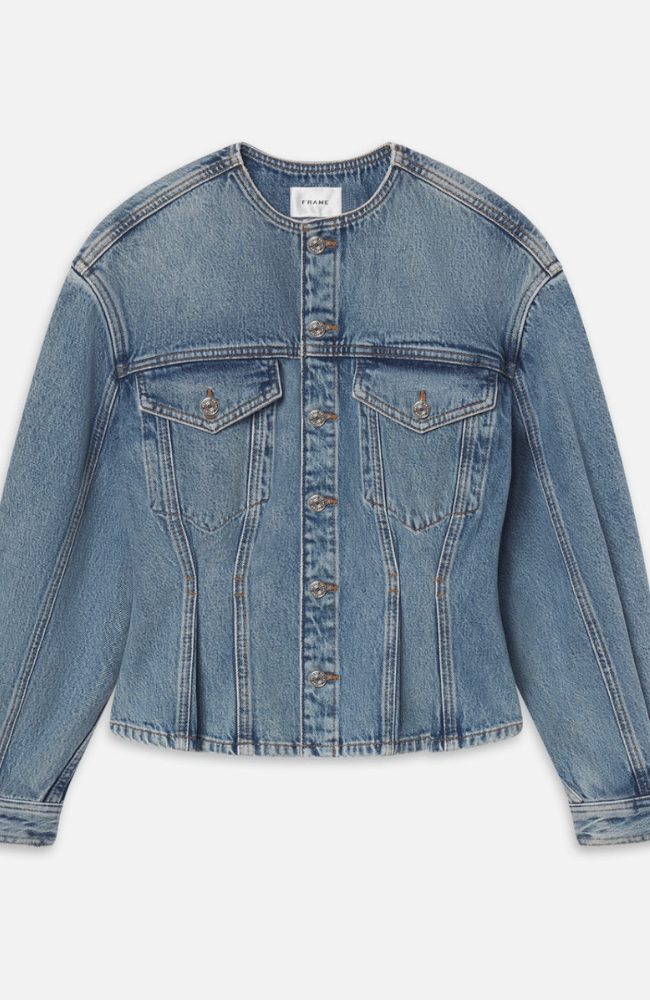 THE NIPPED COLLARLESS DENIM JACKET in UMBRIA-FRAME-FLOW BY NICOLE CANADA