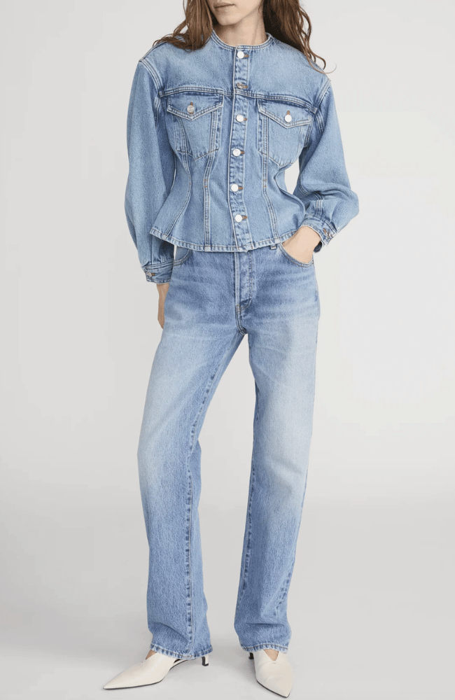 THE NIPPED COLLARLESS DENIM JACKET in UMBRIA-FRAME-FLOW BY NICOLE CANADA