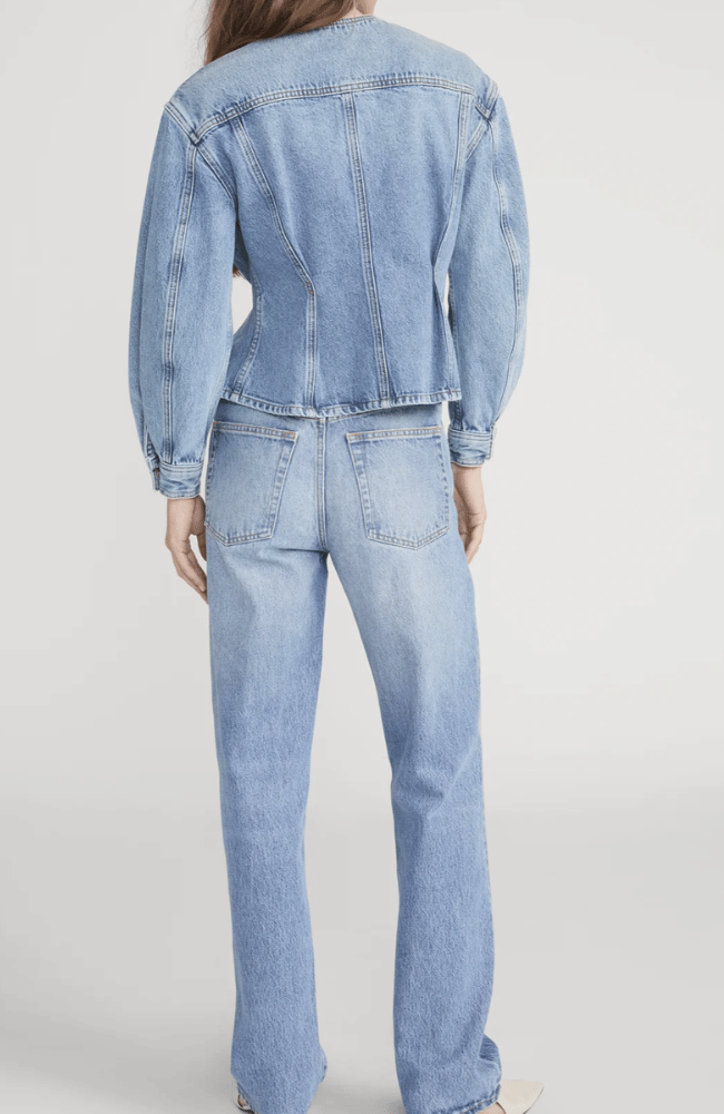 THE NIPPED COLLARLESS DENIM JACKET in UMBRIA-FRAME-FLOW BY NICOLE CANADA