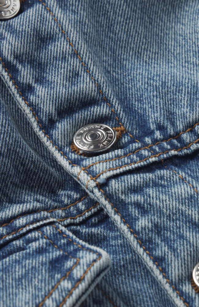 THE NIPPED COLLARLESS DENIM JACKET in UMBRIA-FRAME-FLOW BY NICOLE CANADA