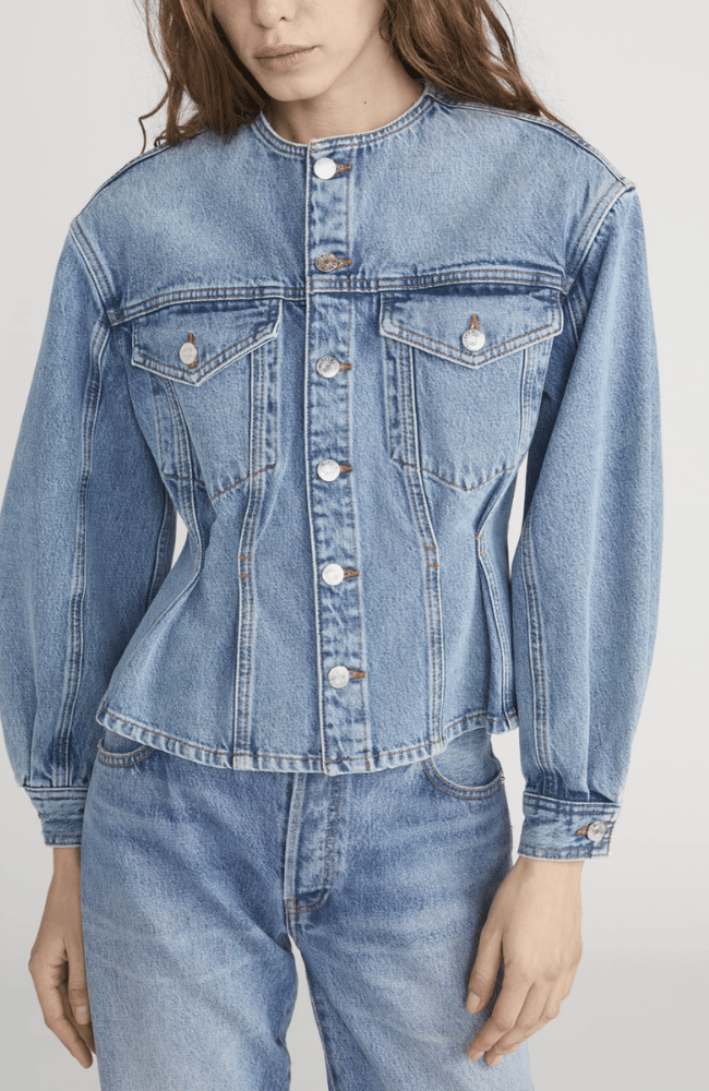 THE NIPPED COLLARLESS DENIM JACKET in UMBRIA-FRAME-FLOW BY NICOLE CANADA