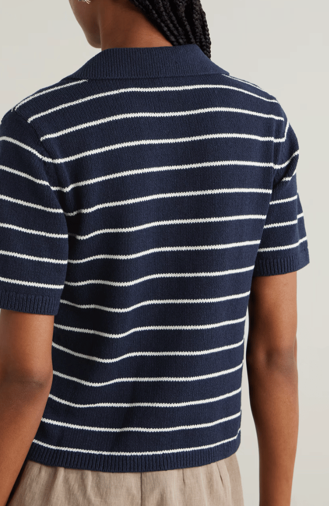 THE STRIPED RELAXED COTTON POLO in NAVY MULTI-FRAME-FLOW BY NICOLE CANADA