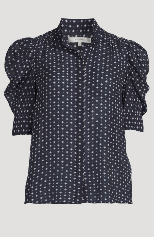 THE TIE PRINT GILLIAN BLOUSE in NAVY MULTI-FRAME-FLOW BY NICOLE CANADA