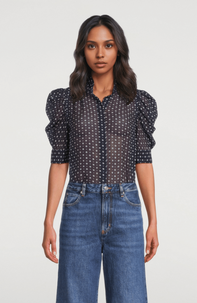 THE TIE PRINT GILLIAN BLOUSE in NAVY MULTI-FRAME-FLOW BY NICOLE CANADA