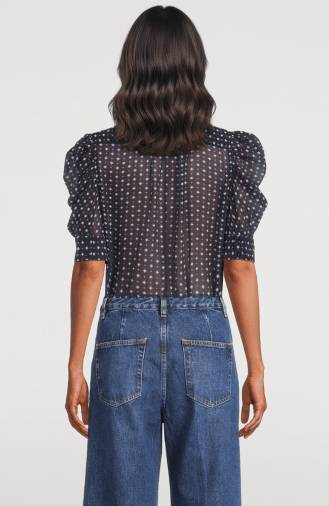 THE TIE PRINT GILLIAN BLOUSE in NAVY MULTI-FRAME-FLOW BY NICOLE CANADA