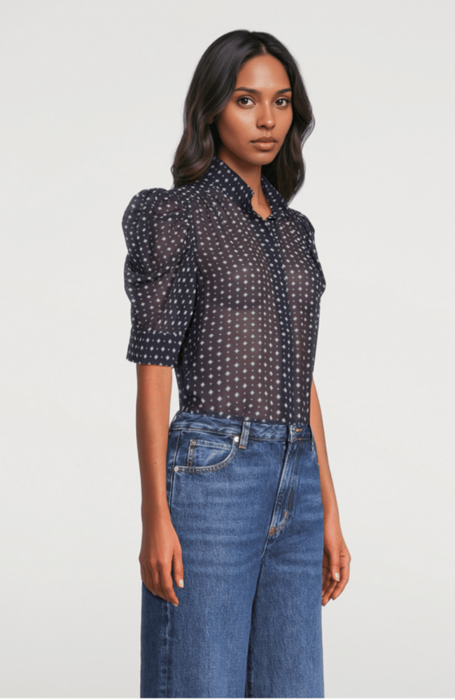 THE TIE PRINT GILLIAN BLOUSE in NAVY MULTI-FRAME-FLOW BY NICOLE CANADA