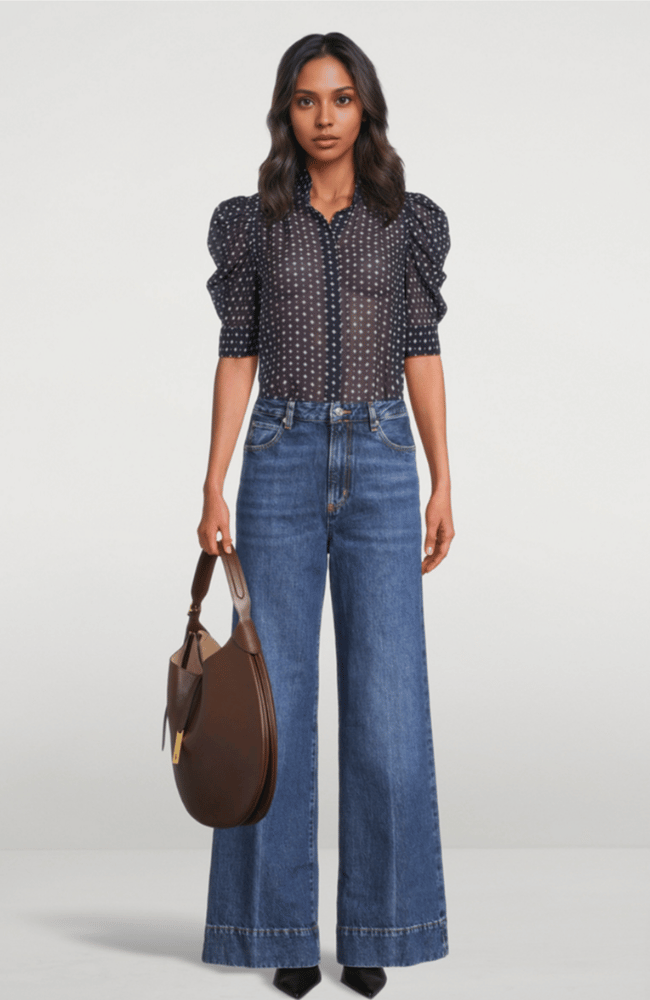 THE TIE PRINT GILLIAN BLOUSE in NAVY MULTI-FRAME-FLOW BY NICOLE CANADA