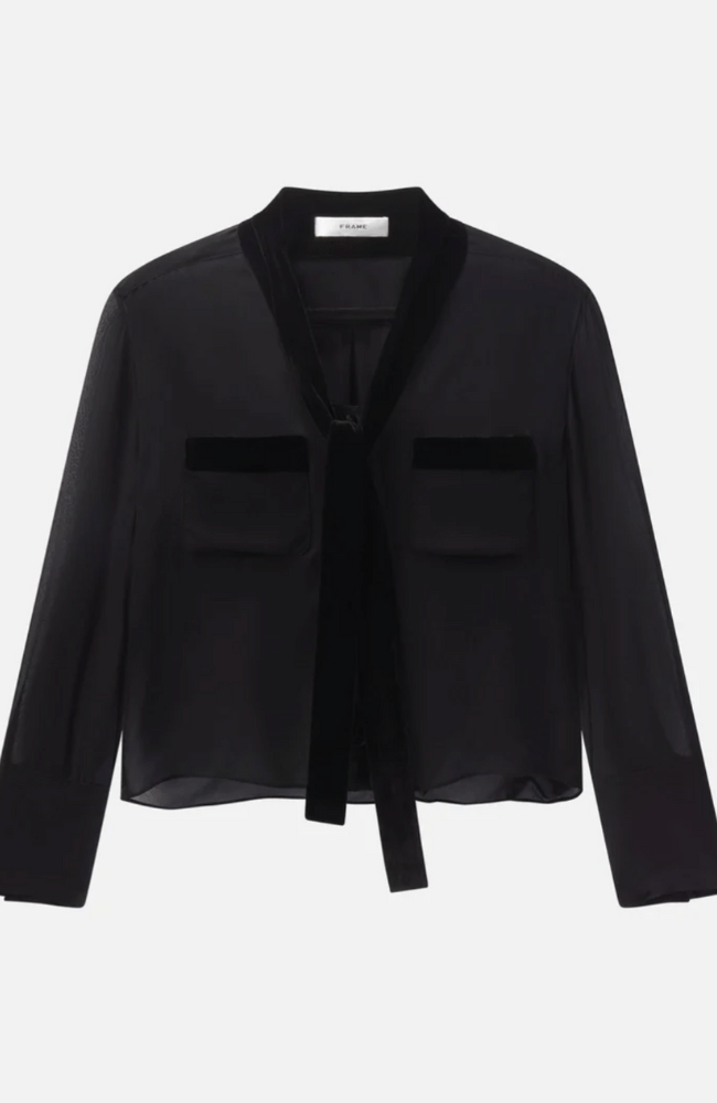 VELVET TRIM MODERN TIE BLOUSE in BLACK-FRAME-FLOW BY NICOLE CANADA