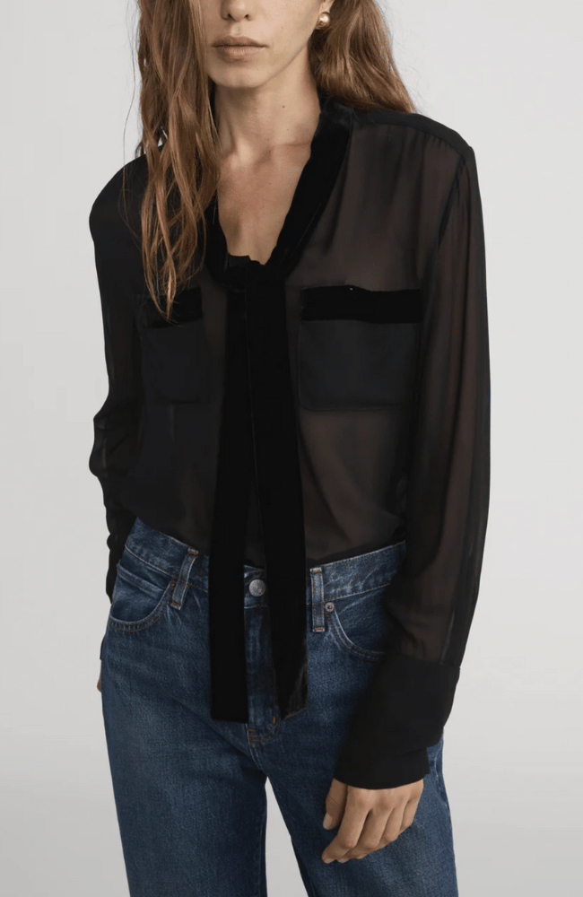 VELVET TRIM MODERN TIE BLOUSE in BLACK-FRAME-FLOW BY NICOLE CANADA
