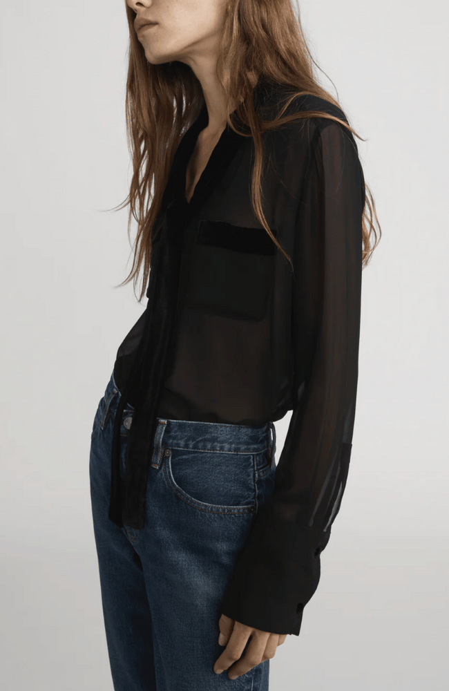 VELVET TRIM MODERN TIE BLOUSE in BLACK-FRAME-FLOW BY NICOLE CANADA