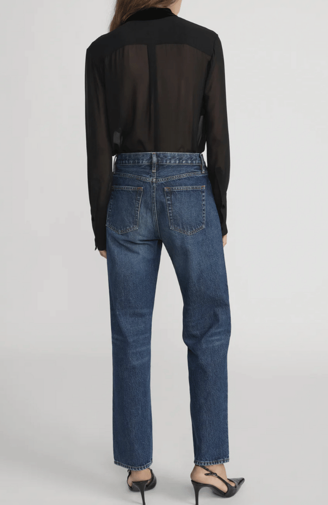 VELVET TRIM MODERN TIE BLOUSE in BLACK-FRAME-FLOW BY NICOLE CANADA