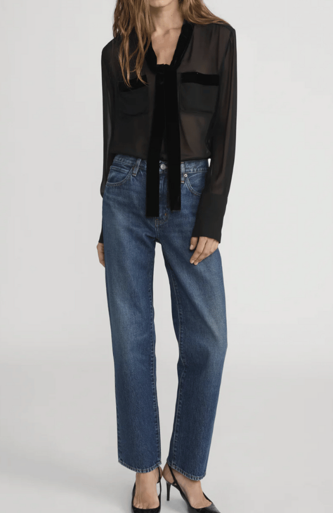 VELVET TRIM MODERN TIE BLOUSE in BLACK-FRAME-FLOW BY NICOLE CANADA