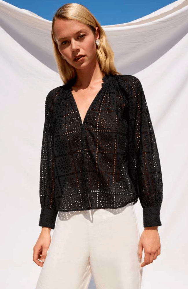 FRANCINE TOP in BLACK GRID EMBROIDERY-RAILS-FLOW BY NICOLE CANADA