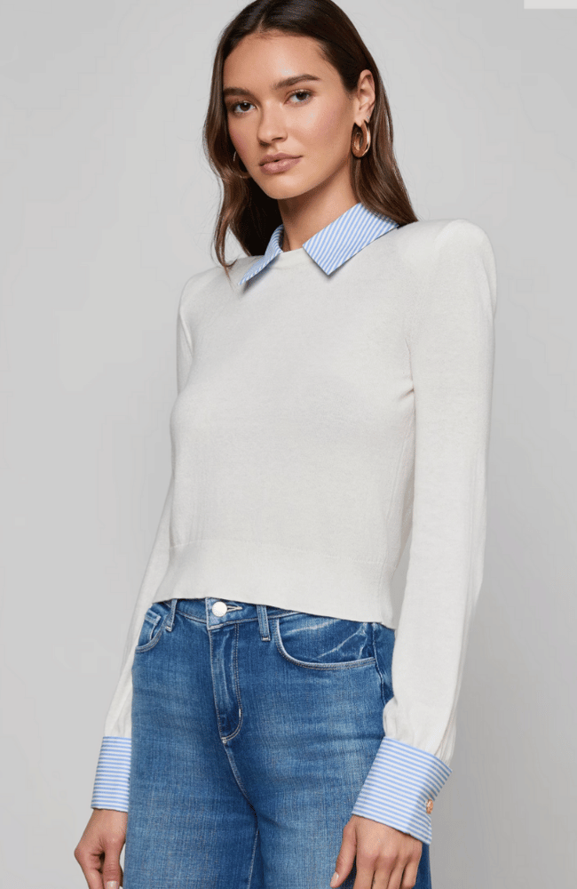 APRIL POPLIN COLLAR TOP in WHITE/BLUE STRIPE-L'AGENCE-FLOW BY NICOLE CANADA