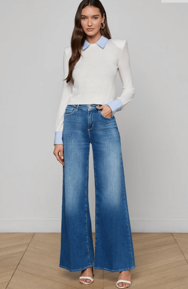 APRIL POPLIN COLLAR TOP in WHITE/BLUE STRIPE-L'AGENCE-FLOW BY NICOLE CANADA
