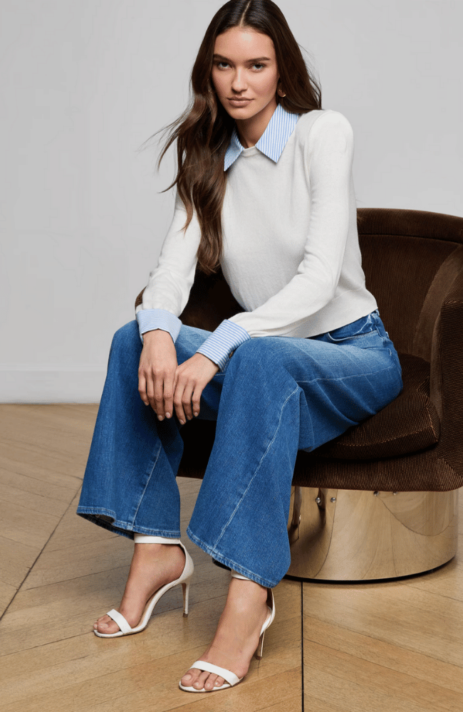APRIL POPLIN COLLAR TOP in WHITE/BLUE STRIPE-L'AGENCE-FLOW BY NICOLE CANADA